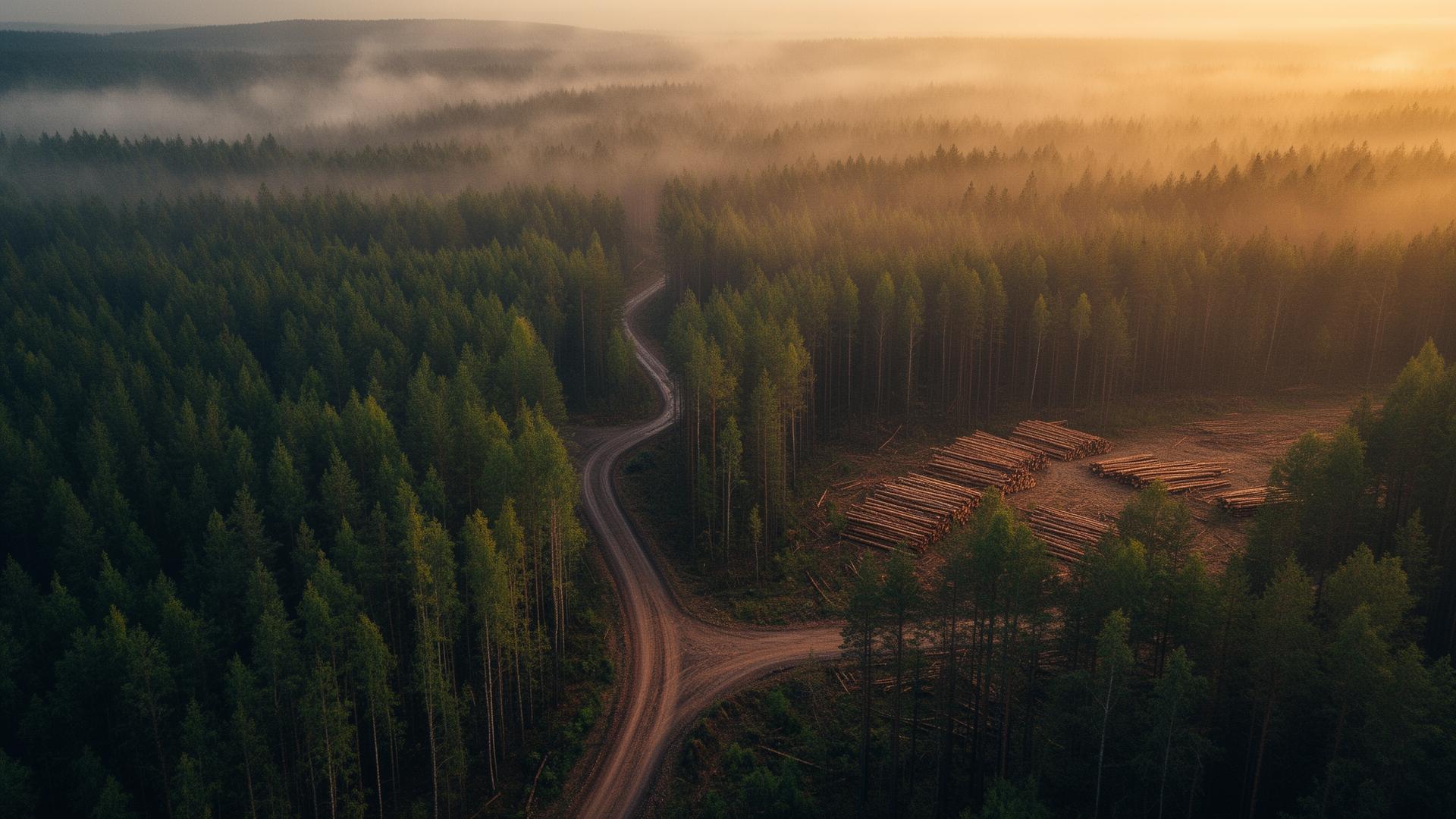 Aerial view of a misty pine forest with a logging road and stacks of timber at golden hour